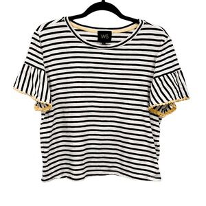 W5 Navy & White Striped Top With Yellow Crochet Accents Bell Sleeve Size L